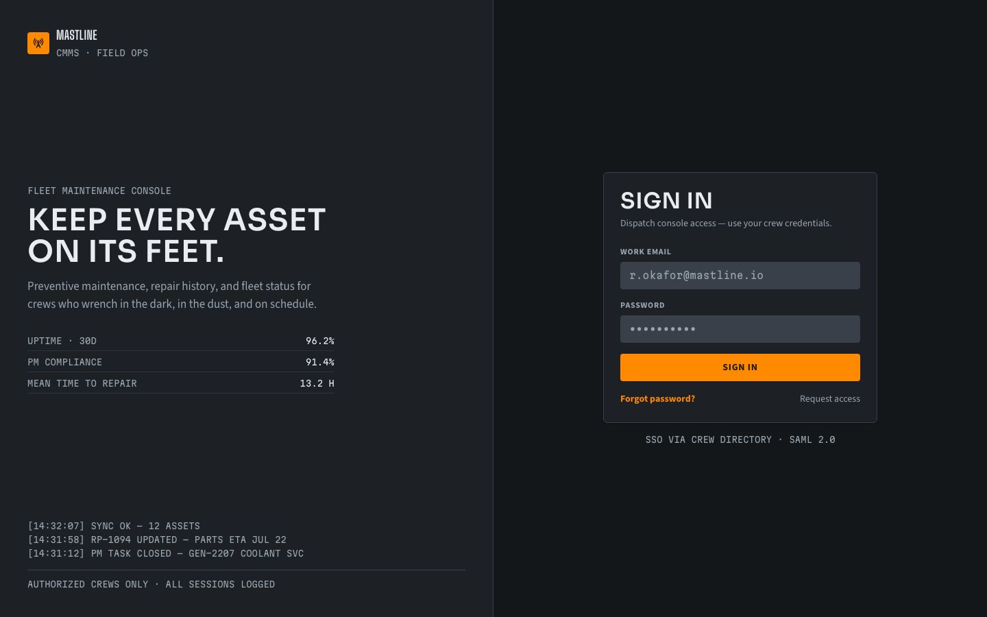 Maintenance Management Dashboard Template — login page screenshot