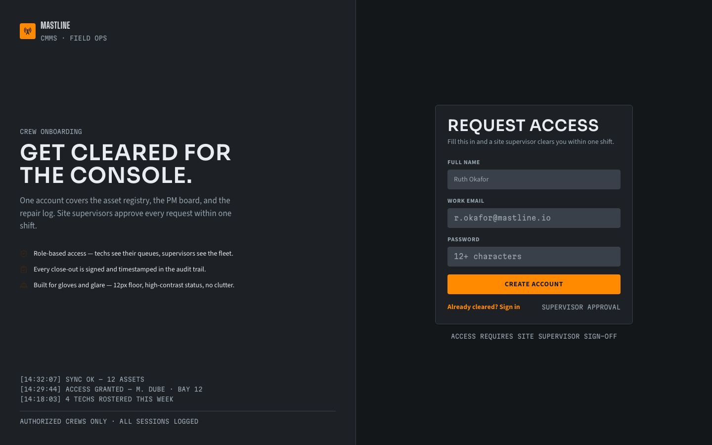 Maintenance Management Dashboard Template — signup page screenshot