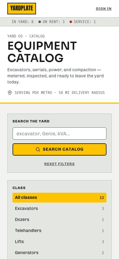 Equipment Rental App Template — responsive mobile layout