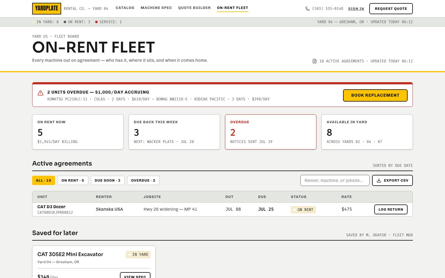 Equipment Rental App Template — fleet page screenshot