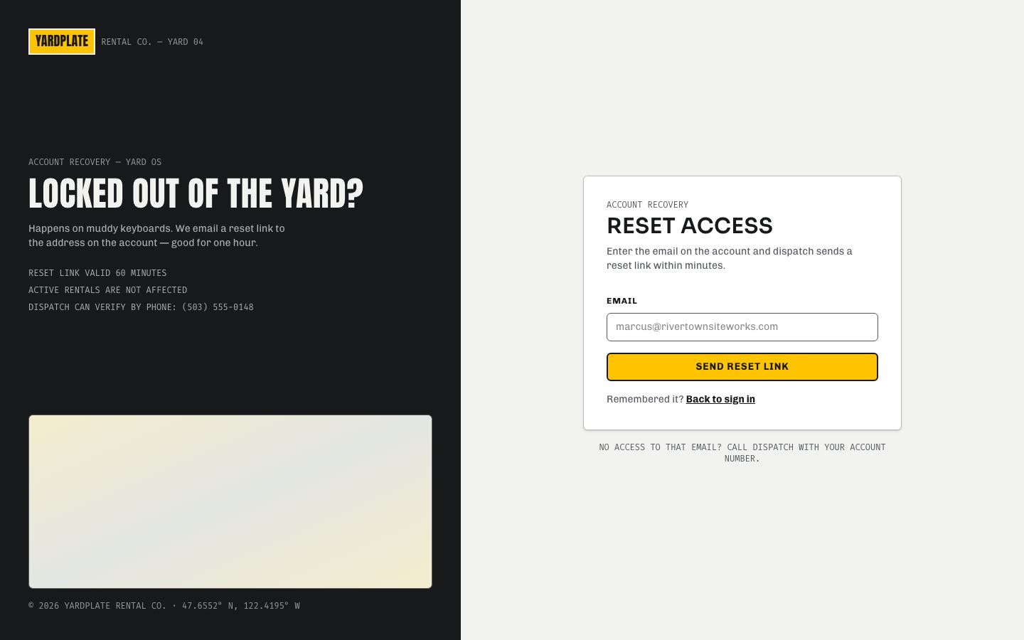 Equipment Rental App Template — forgot password page screenshot