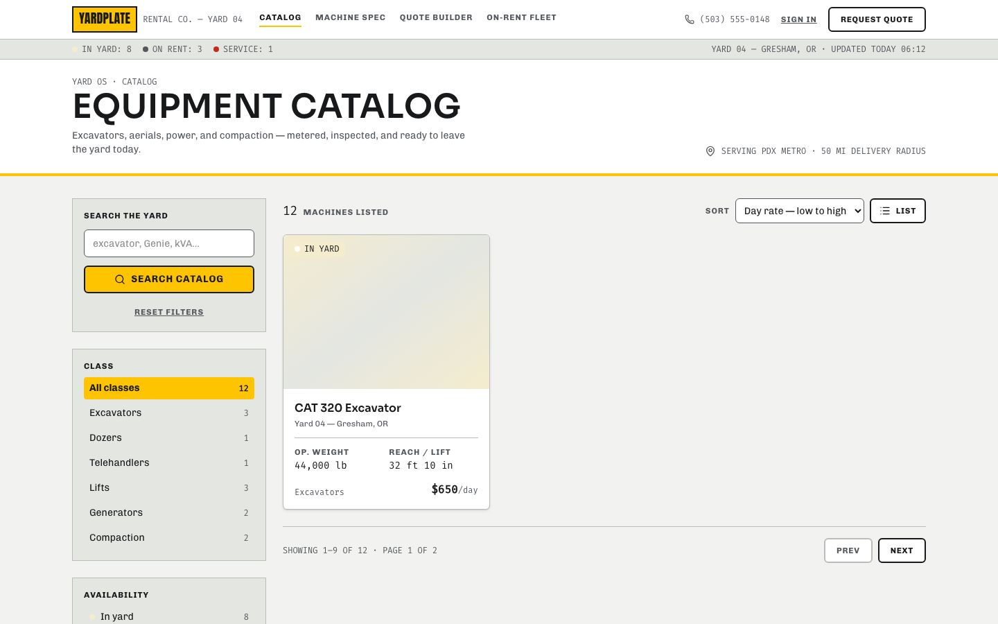 Equipment Rental App Template — home page screenshot
