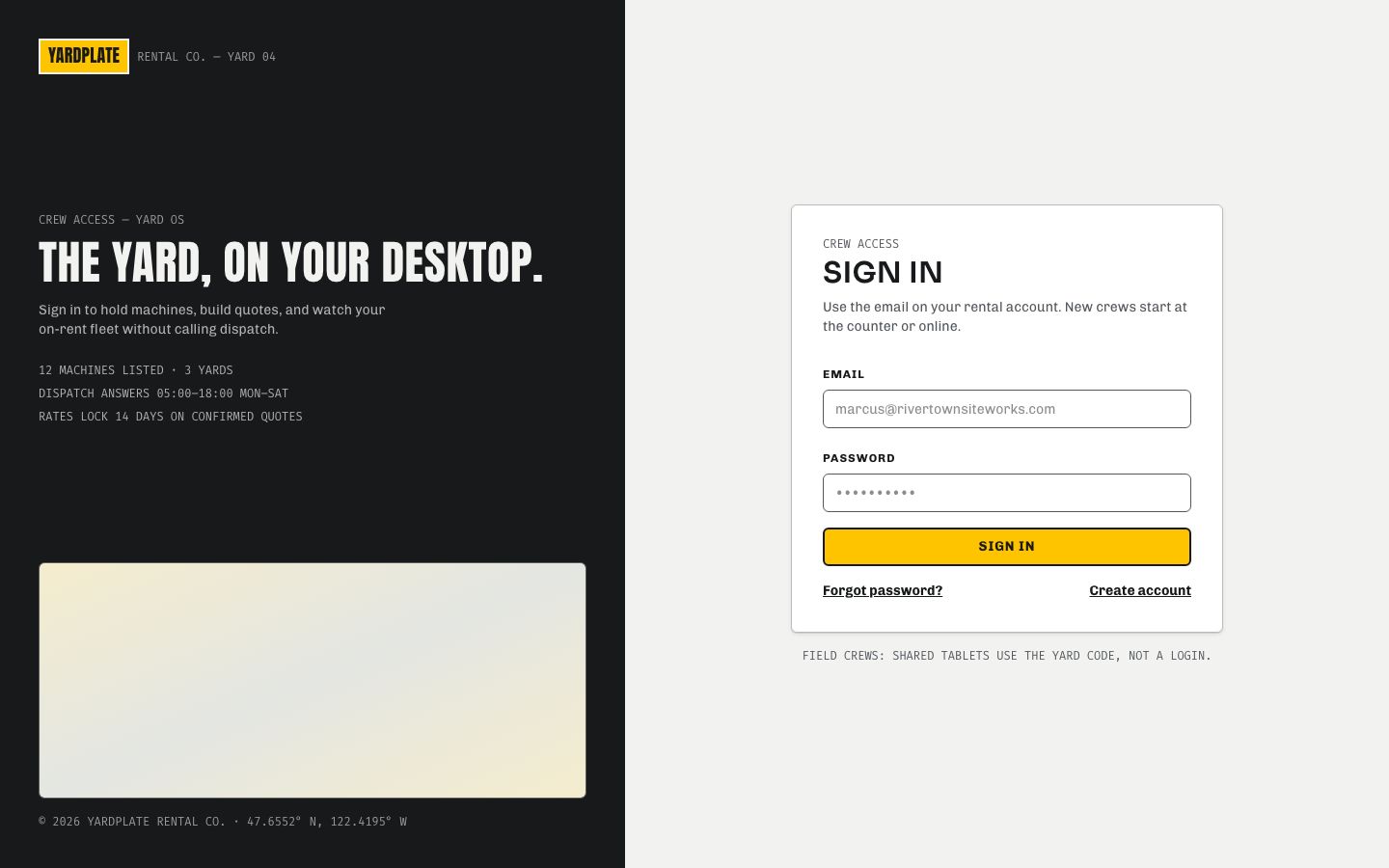 Equipment Rental App Template — login page screenshot