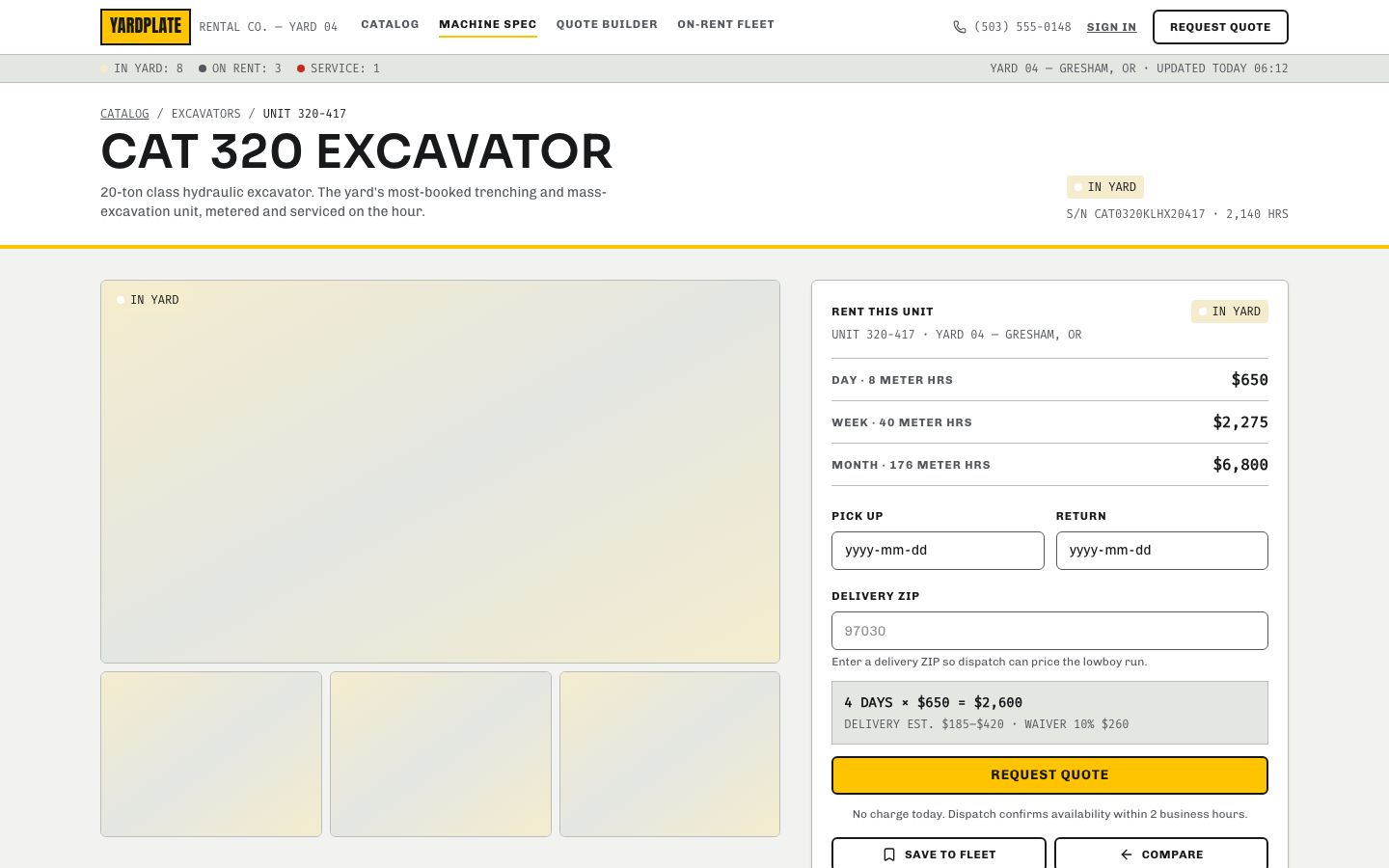 Equipment Rental App Template — machine page screenshot
