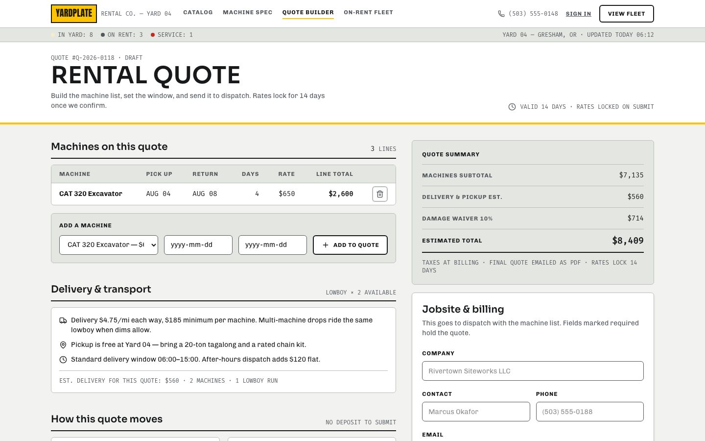 Equipment Rental App Template — quote page screenshot