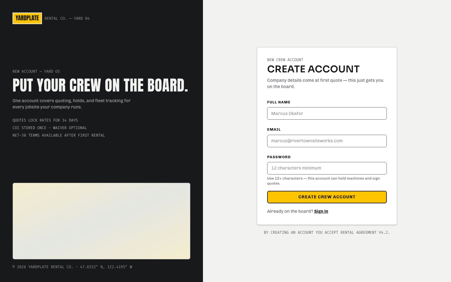 Equipment Rental App Template — signup page screenshot