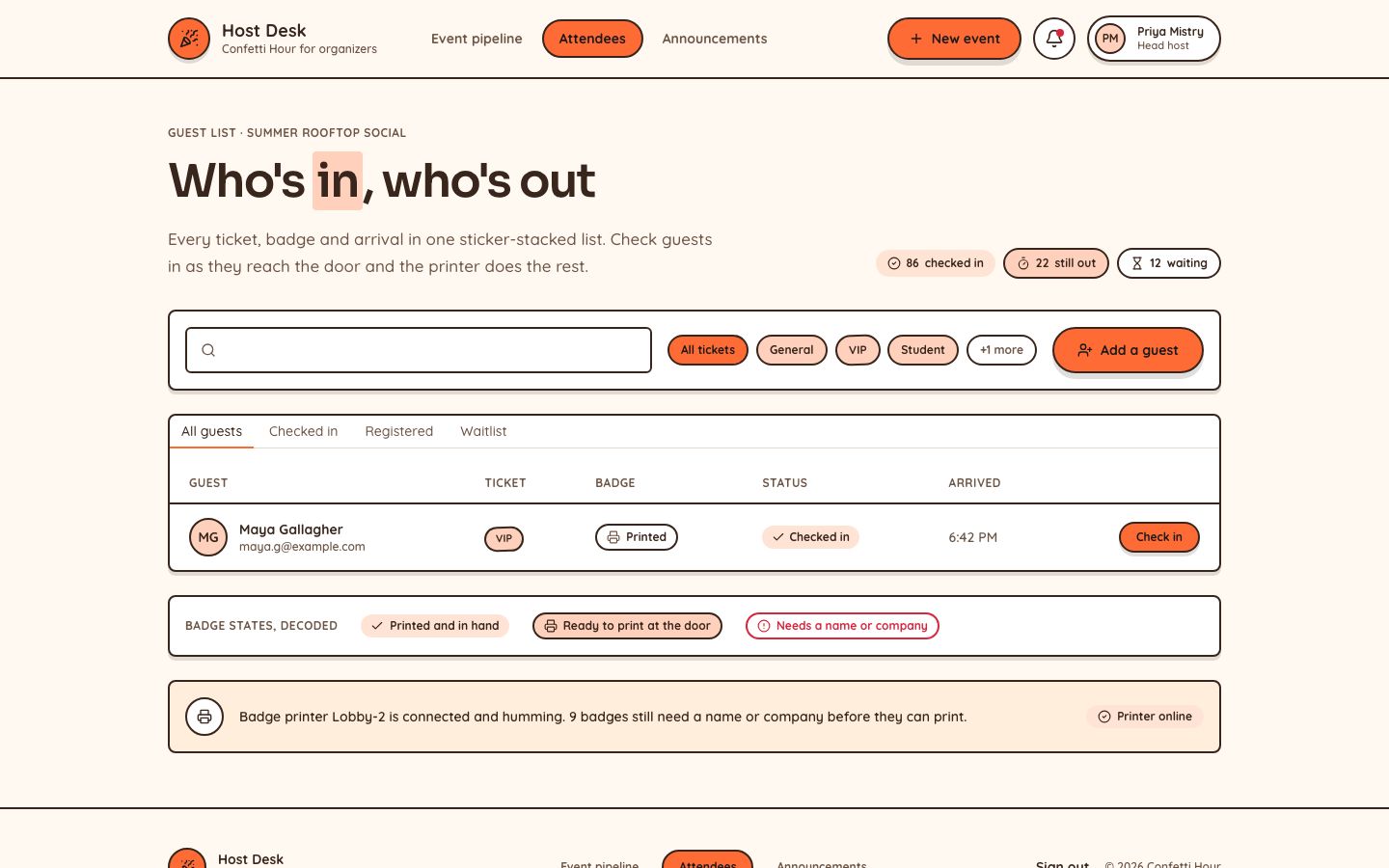 Event Check-In App Template — attendees page screenshot