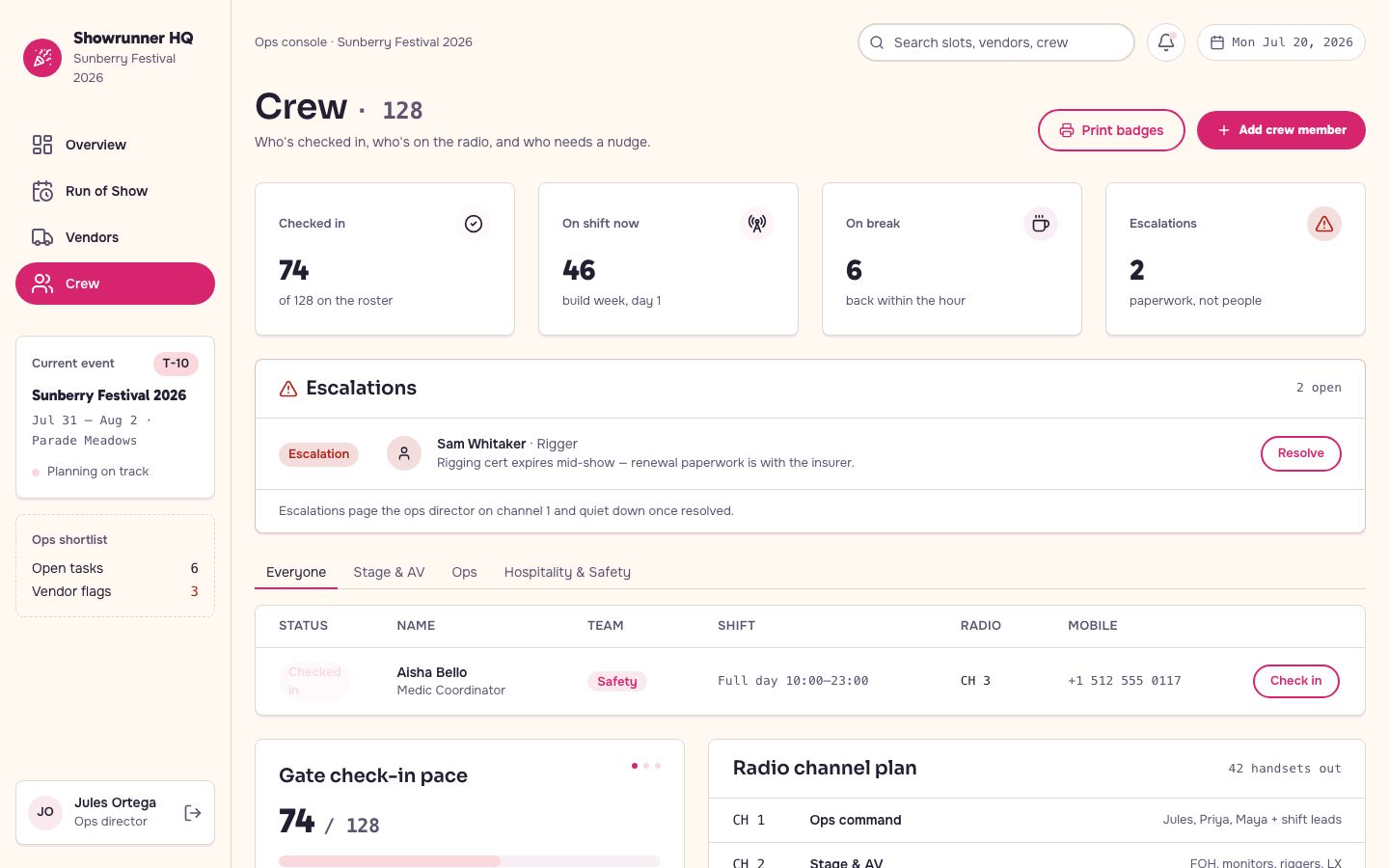 Event Management Dashboard Template — crew page screenshot