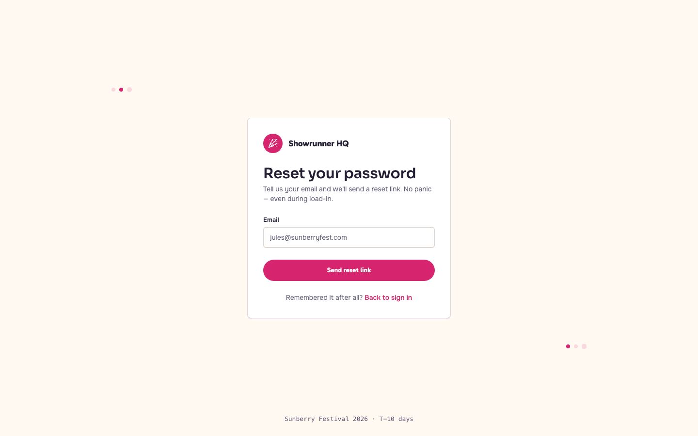 Event Management Dashboard Template — forgot password page screenshot