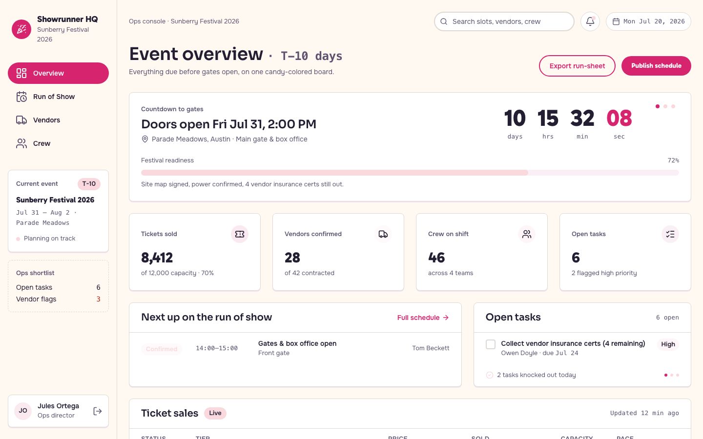 Event Management Dashboard Template — home page screenshot