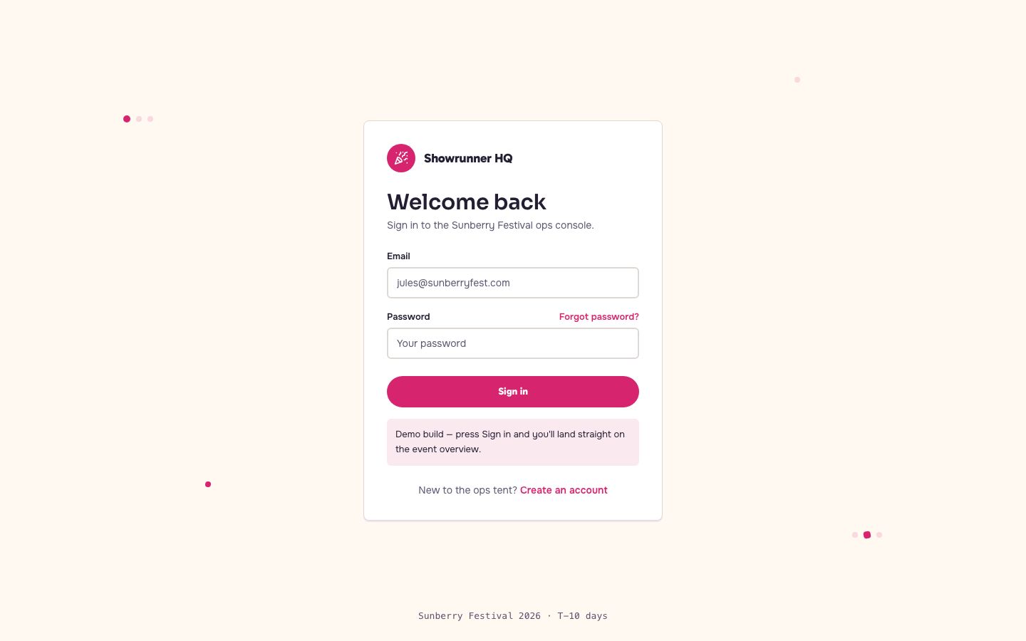 Event Management Dashboard Template — login page screenshot