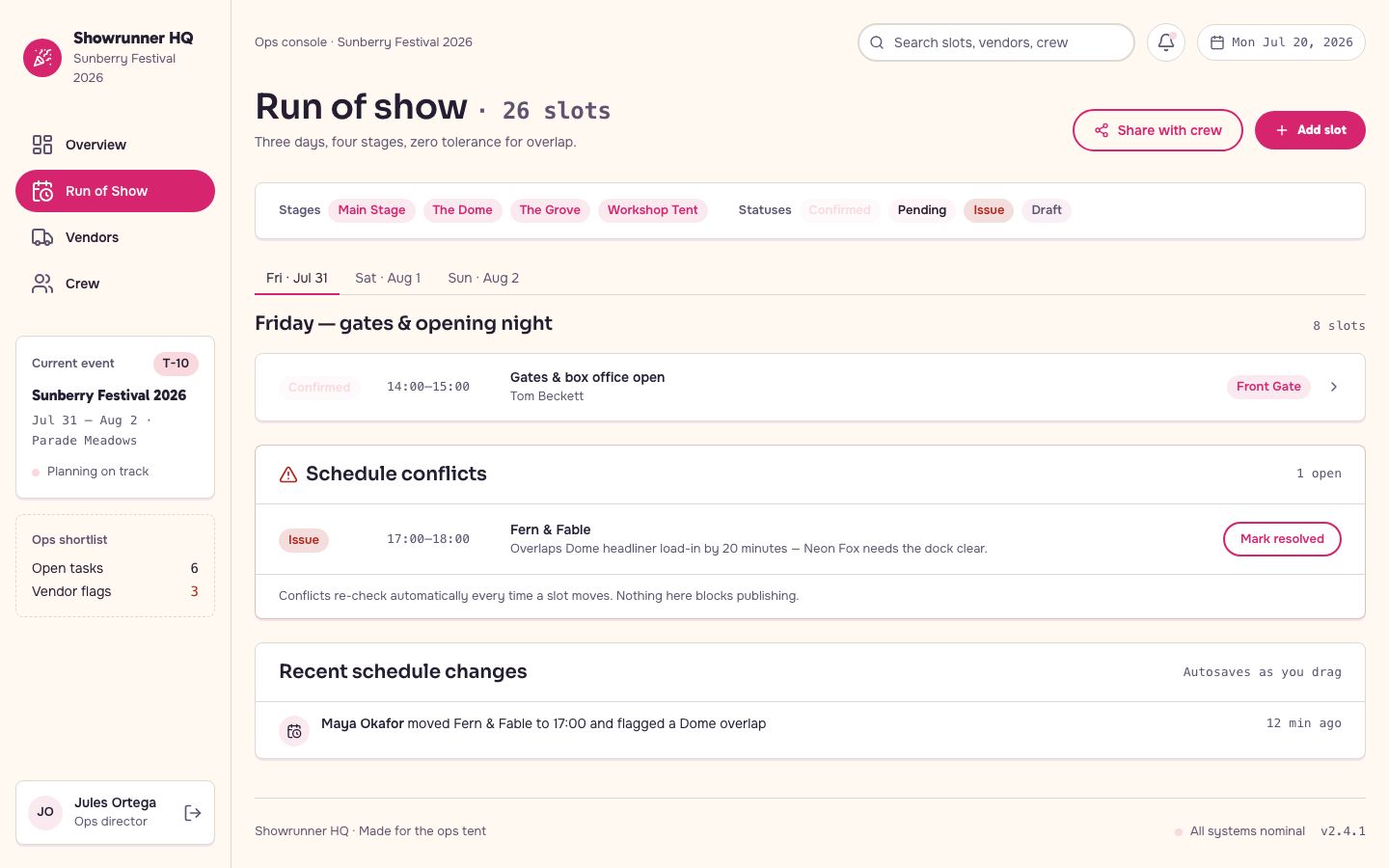 Event Management Dashboard Template — schedule page screenshot
