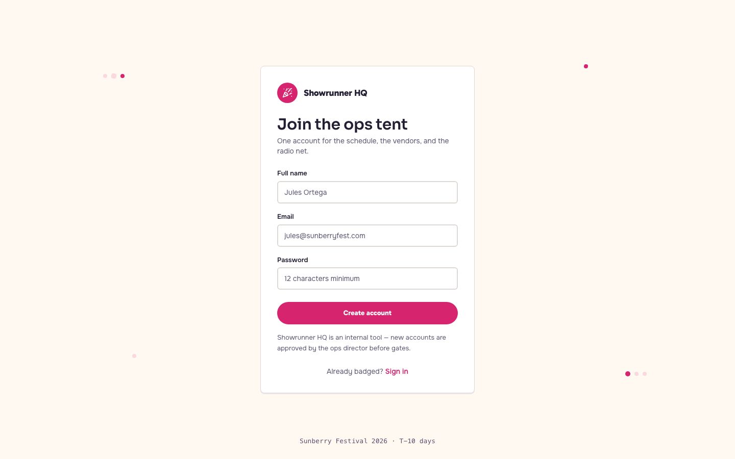 Event Management Dashboard Template — signup page screenshot