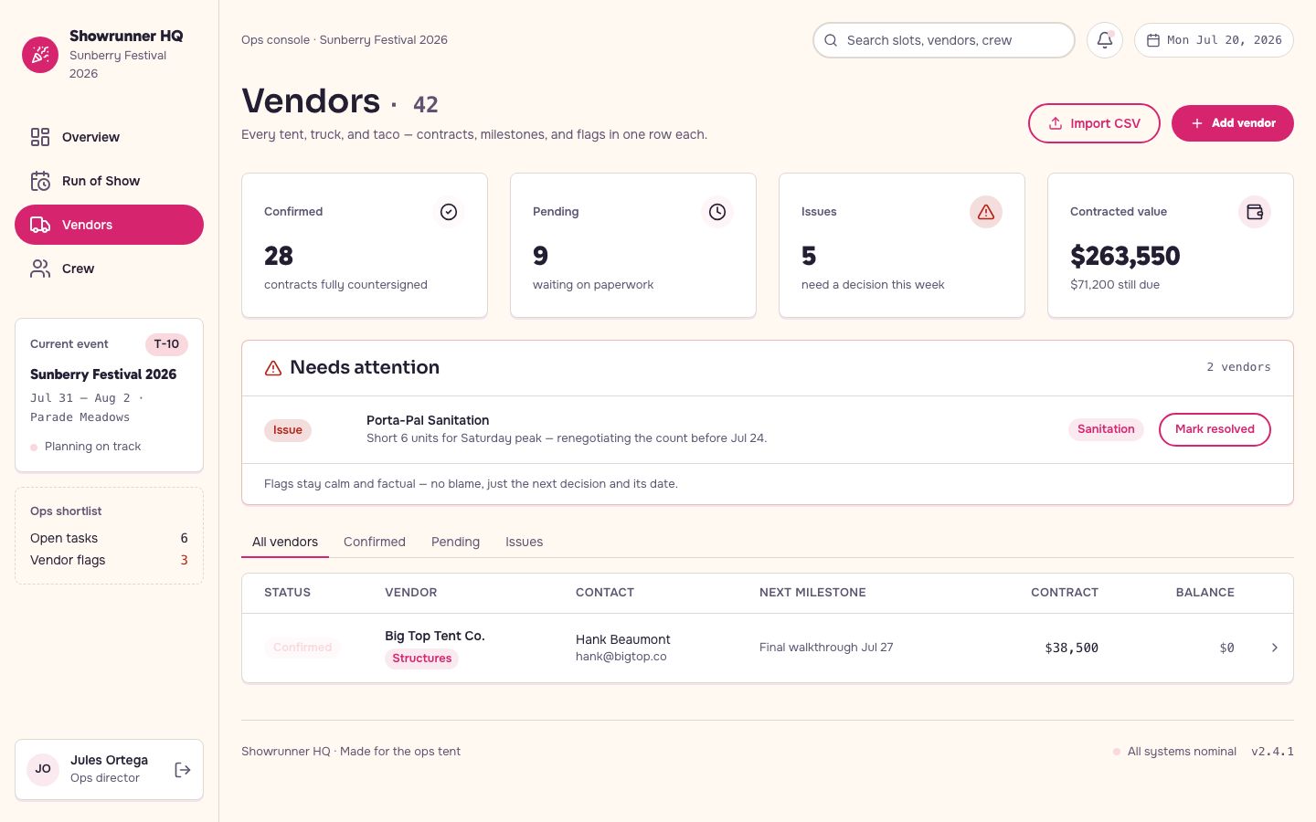 Event Management Dashboard Template — vendors page screenshot