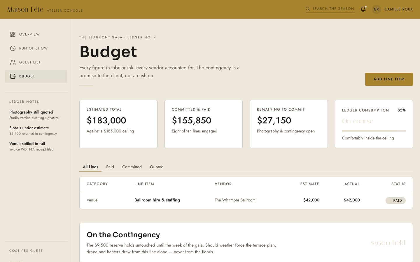 Event Planning Dashboard Template — budget page screenshot