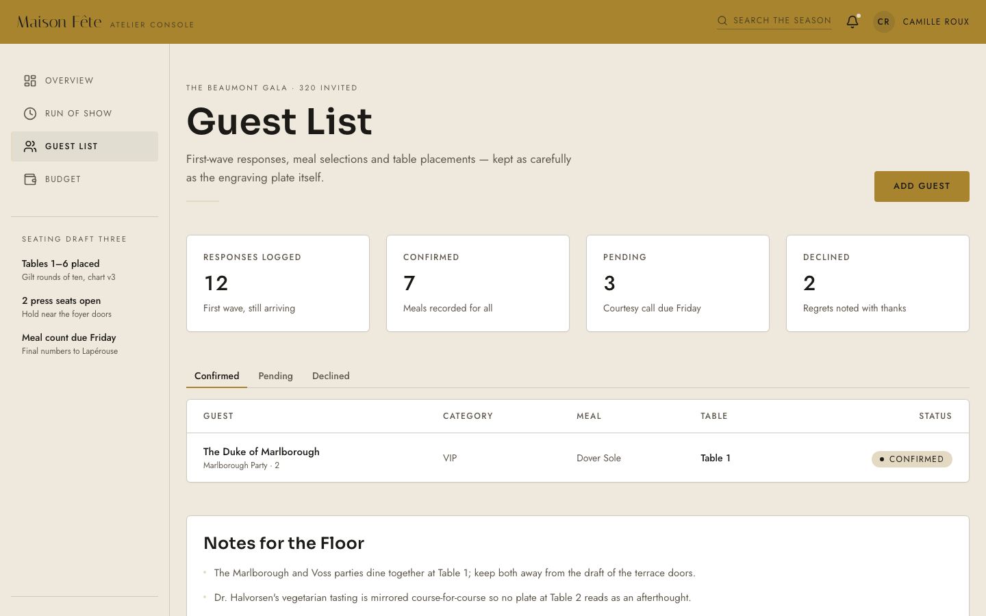 Event Planning Dashboard Template — guests page screenshot
