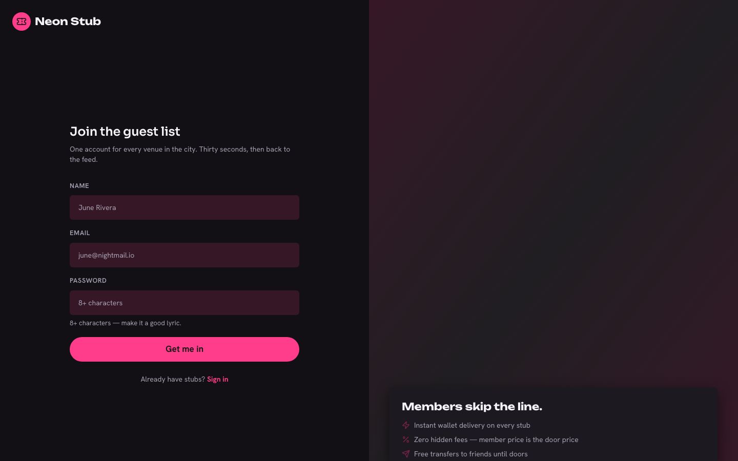 Event Ticketing App Template — signup page screenshot