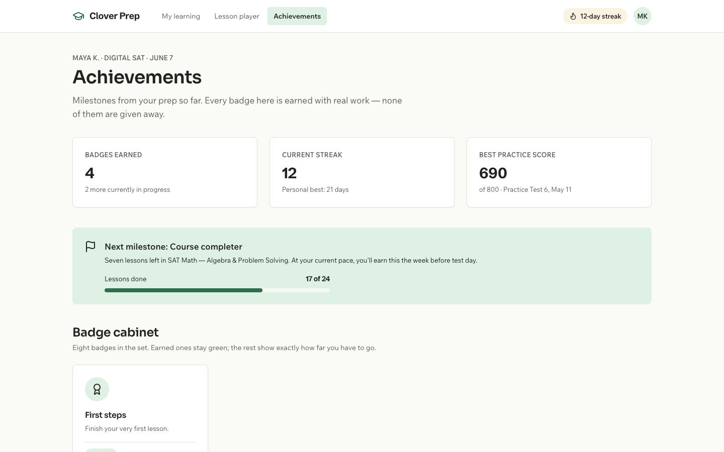 Exam Prep App Template — achievements page screenshot