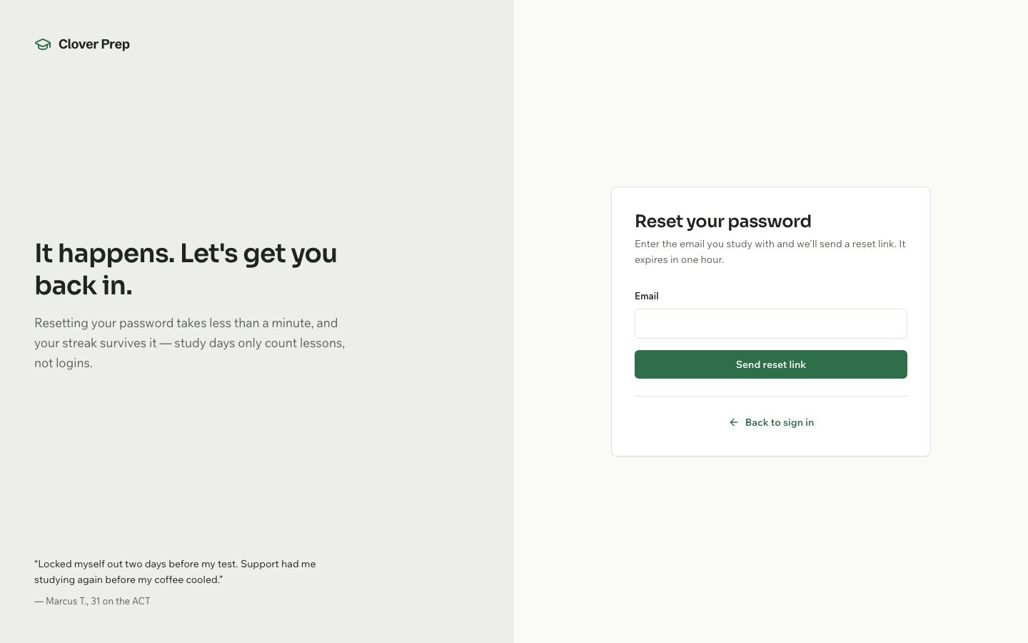 Exam Prep App Template — forgot password page screenshot