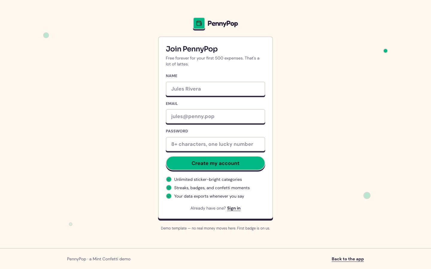 Expense Tracker App Template — signup page screenshot