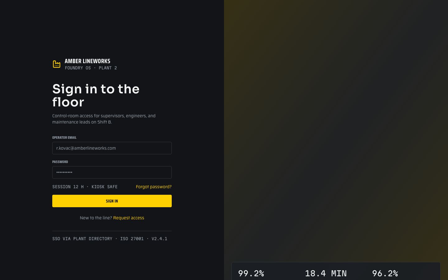 Manufacturing Dashboard Template — login page screenshot