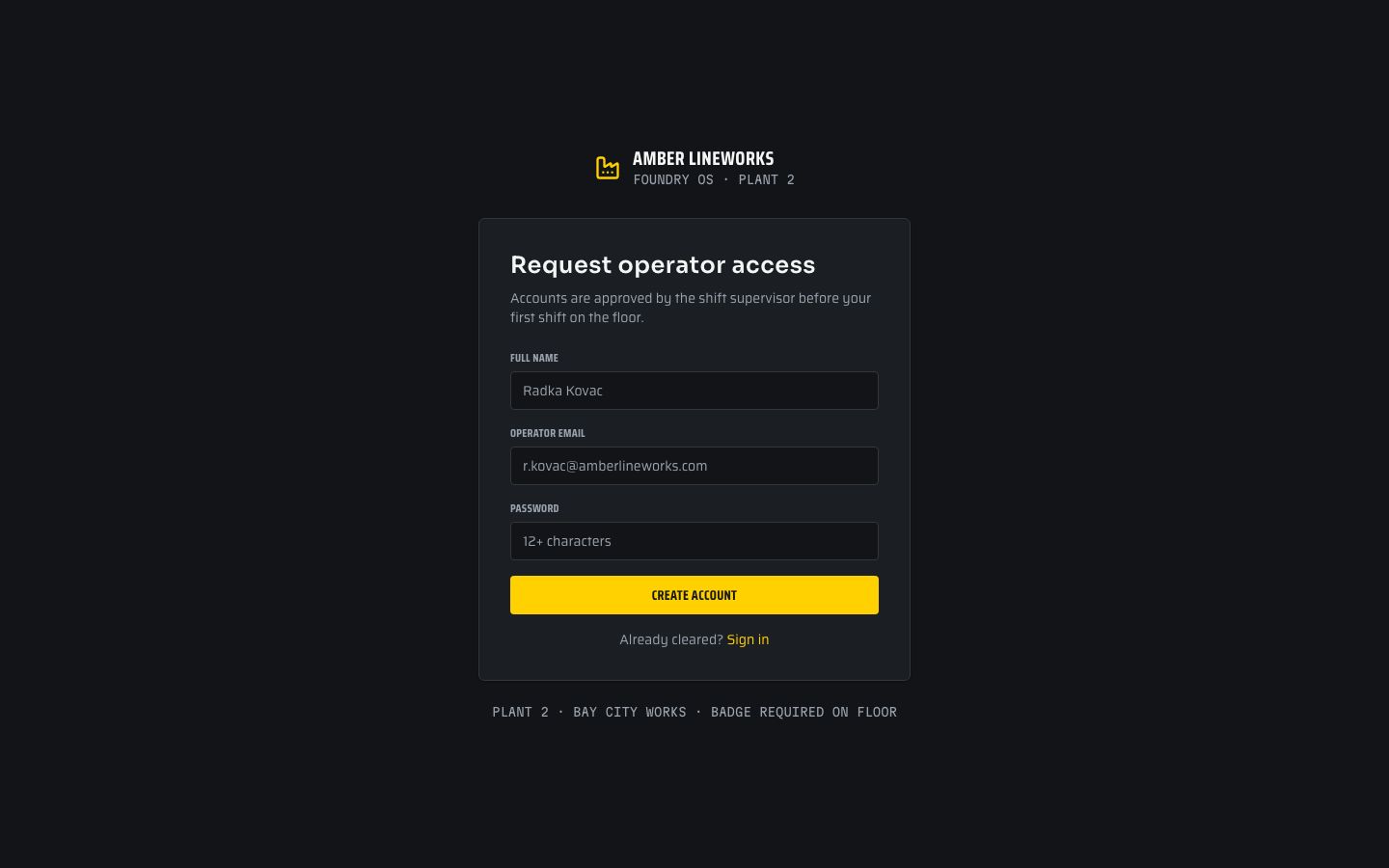Manufacturing Dashboard Template — signup page screenshot