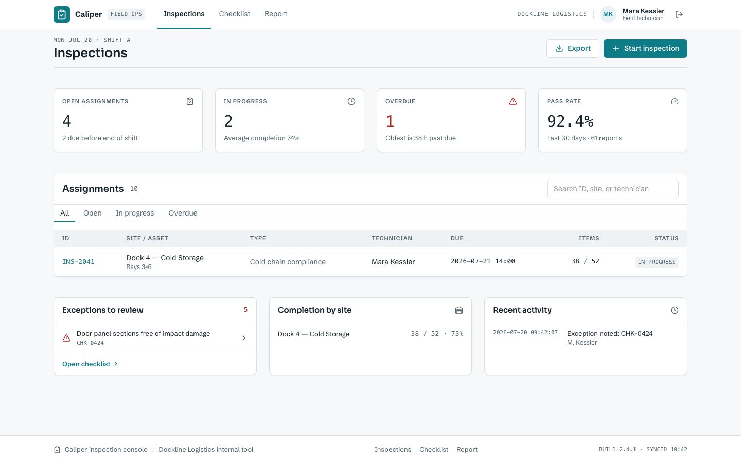Inspection Checklist App Template — home page screenshot