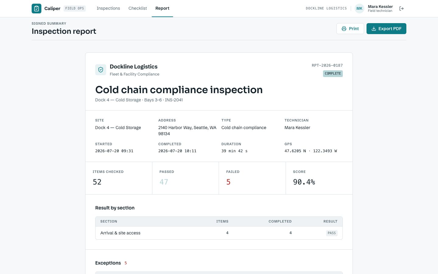 Inspection Checklist App Template — report page screenshot