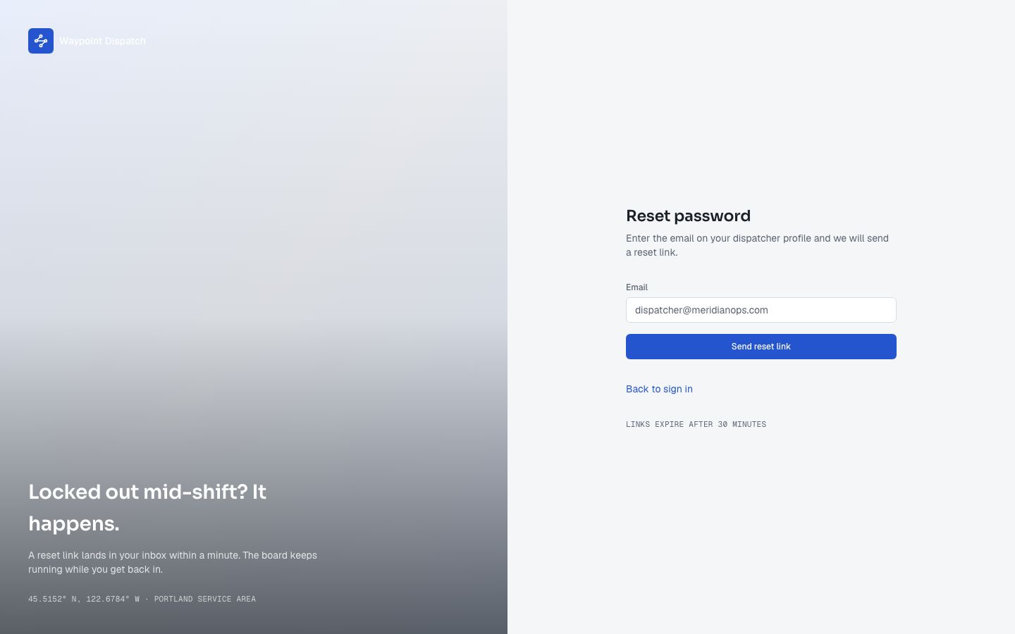 Dispatch Dashboard Template — forgot password page screenshot