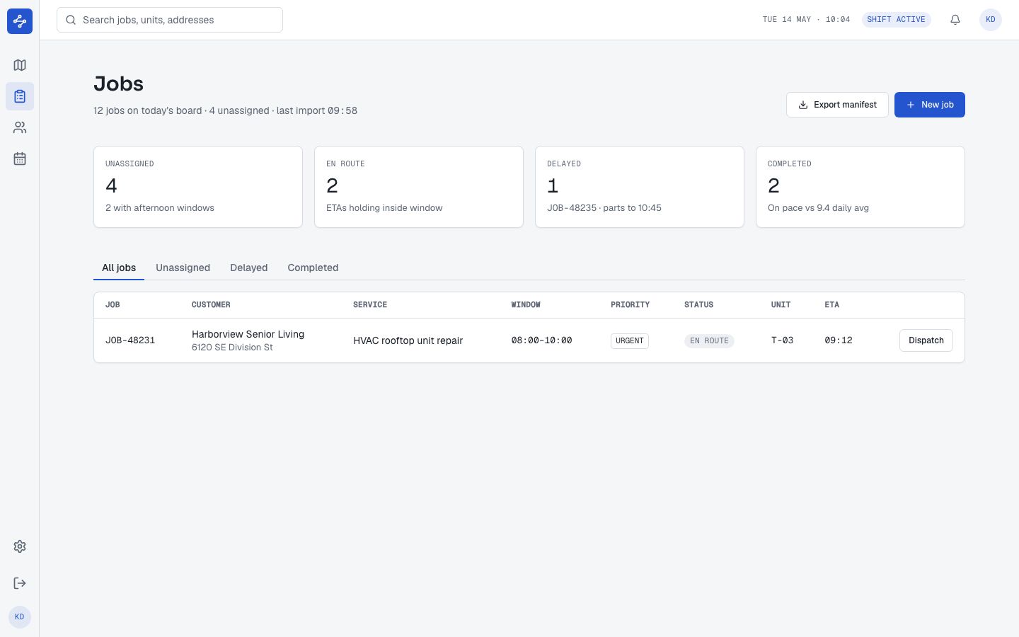Dispatch Dashboard Template — jobs page screenshot