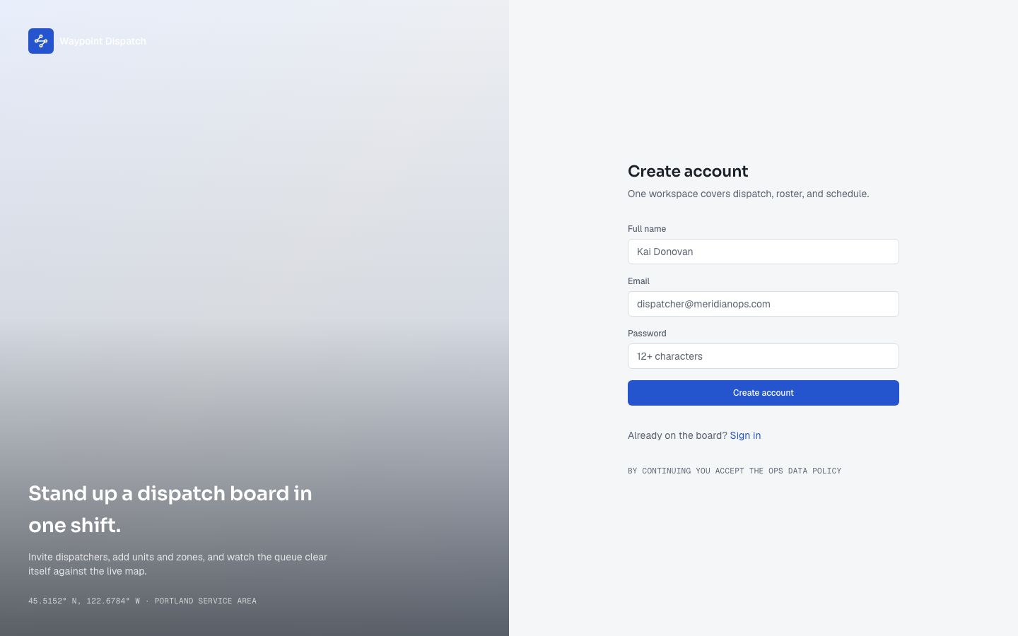 Dispatch Dashboard Template — signup page screenshot