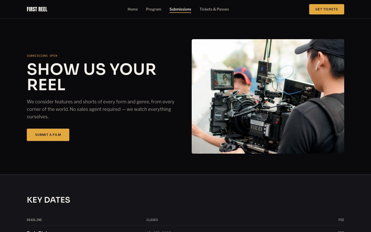 Film Festival Website Template — submissions page screenshot