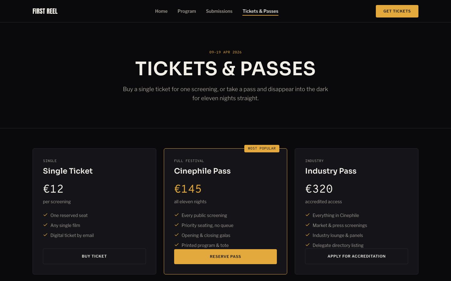 Film Festival Website Template — tickets page screenshot