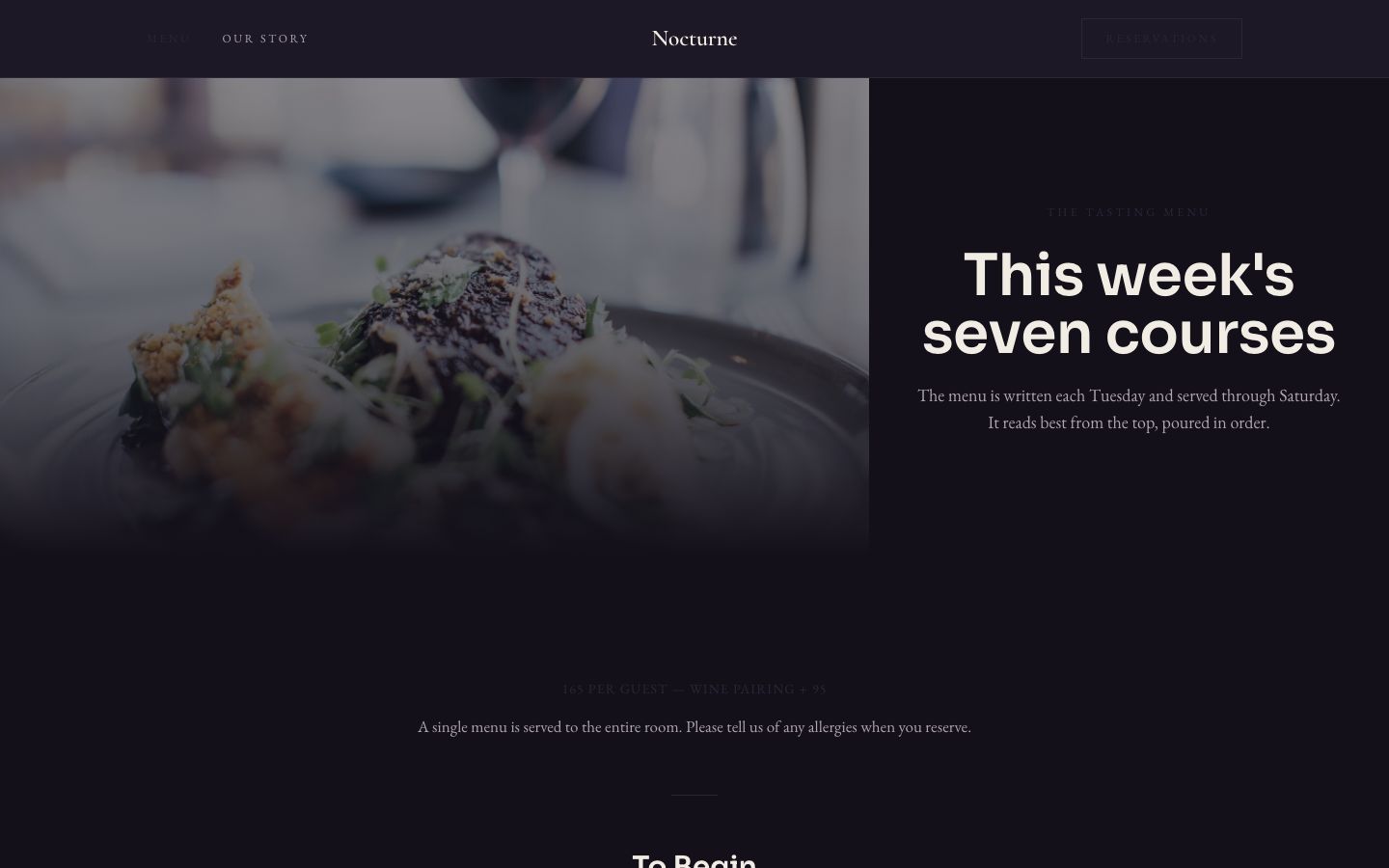 Fine Dining Restaurant Website — menu page screenshot