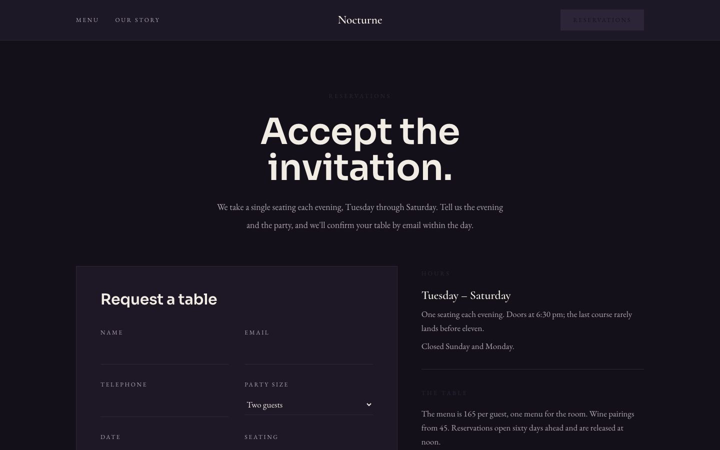 Fine Dining Restaurant Website — reservations page screenshot