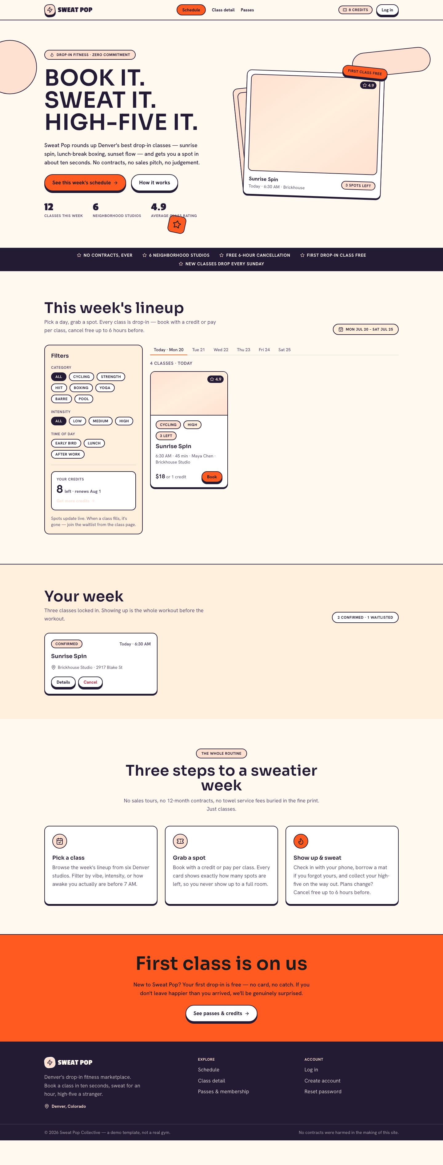 Fitness Class Booking Template — full page preview