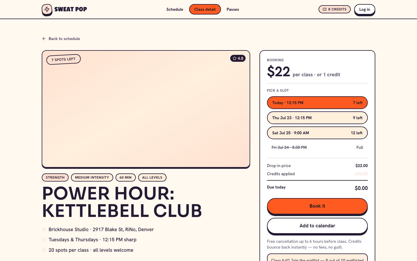 Fitness Class Booking Template — class page screenshot