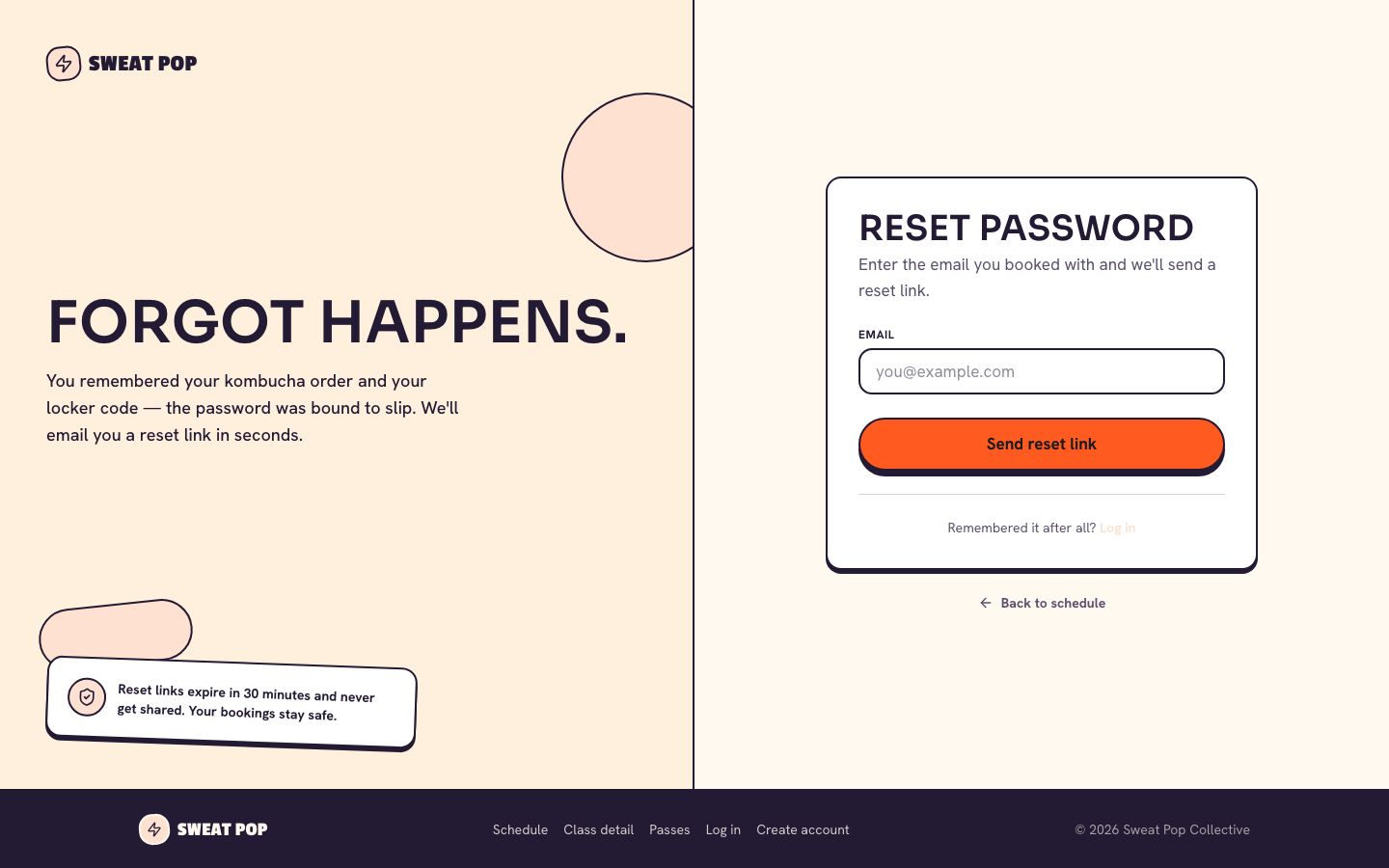 Fitness Class Booking Template — forgot password page screenshot