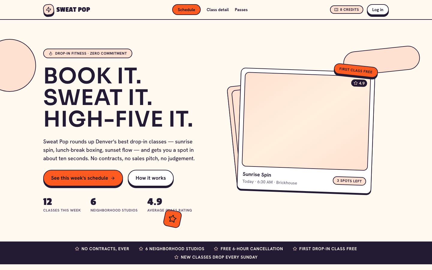 Fitness Class Booking Template — home page screenshot