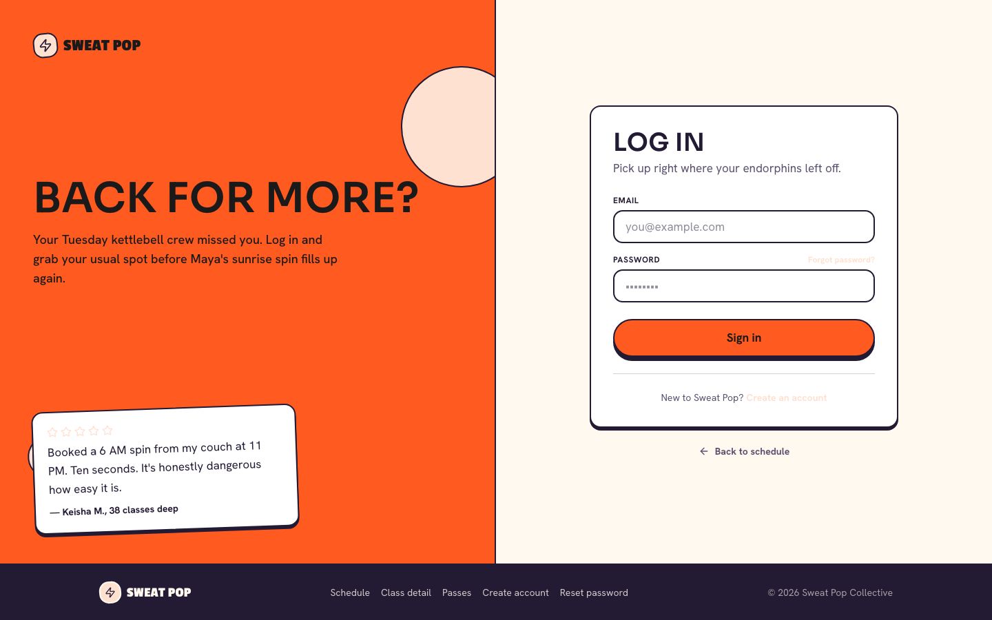 Fitness Class Booking Template — login page screenshot