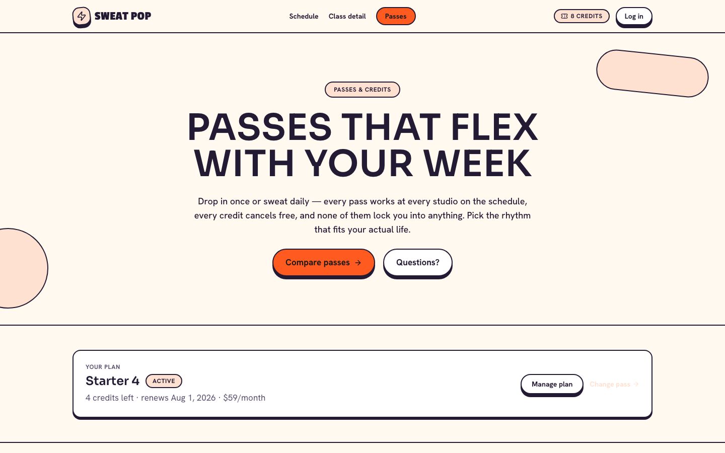 Fitness Class Booking Template — membership page screenshot