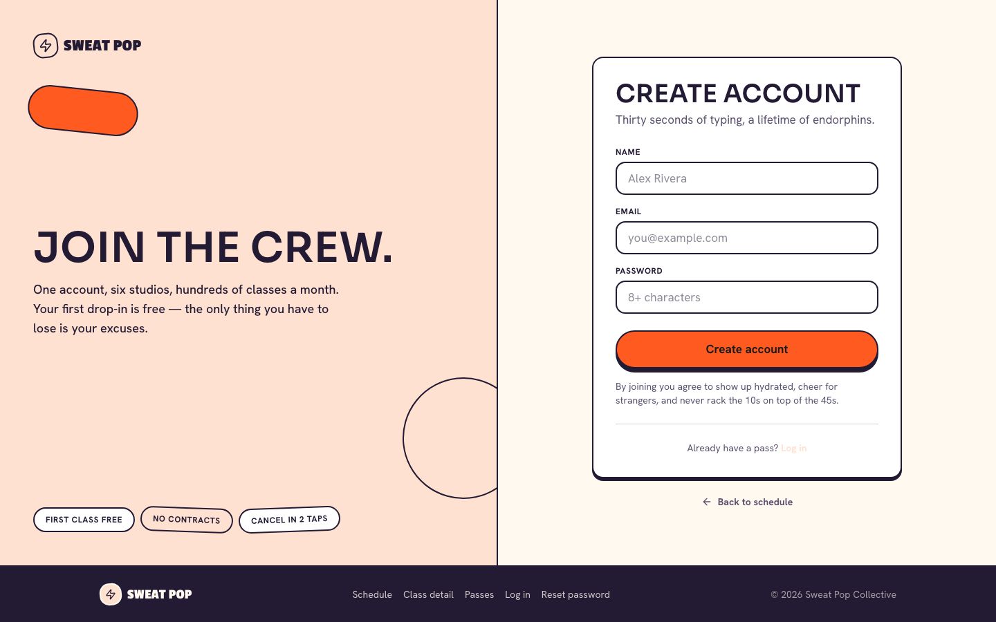 Fitness Class Booking Template — signup page screenshot