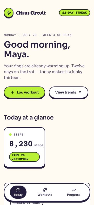 Fitness App Dashboard Template — responsive mobile layout