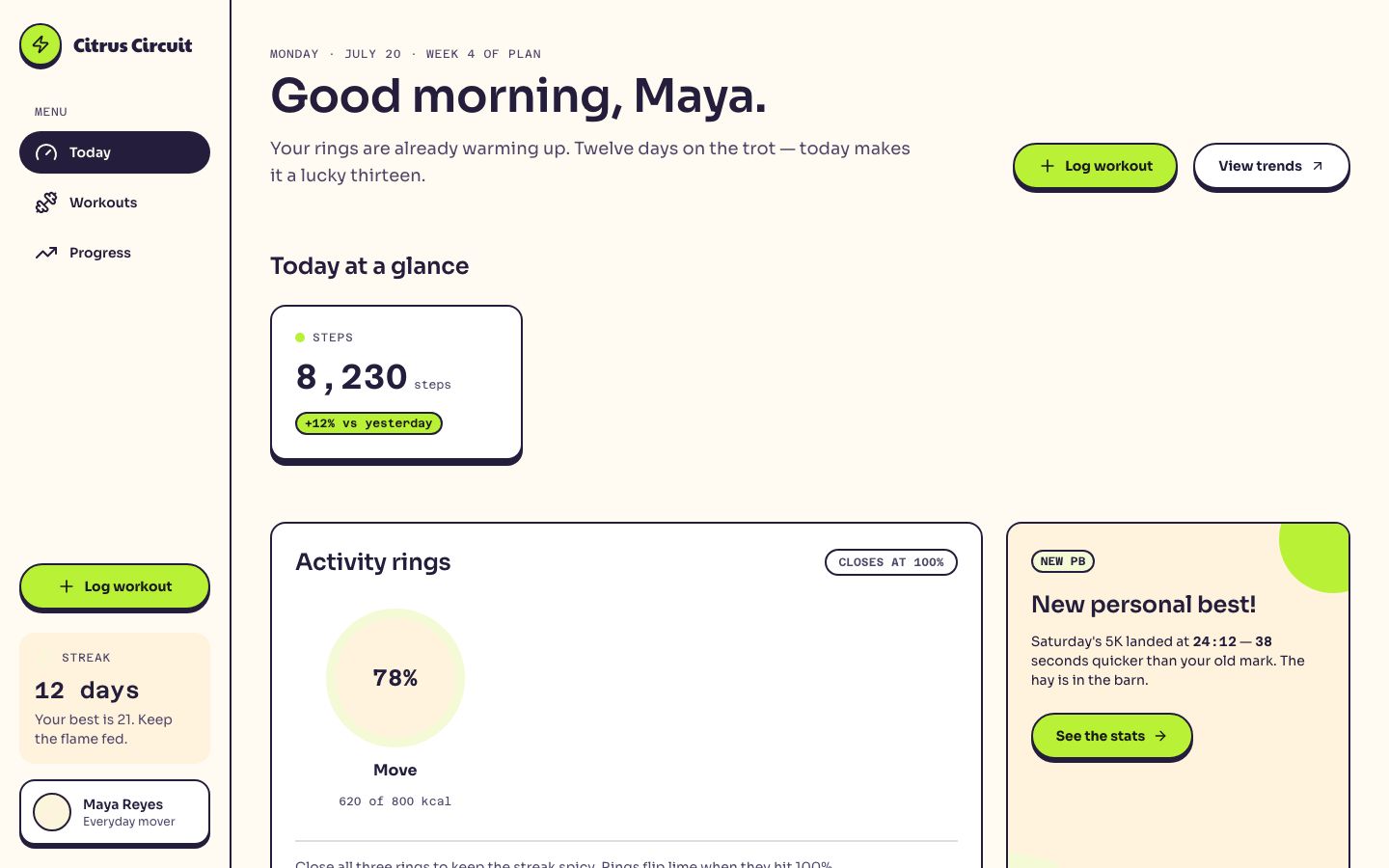 Fitness App Dashboard Template — home page screenshot
