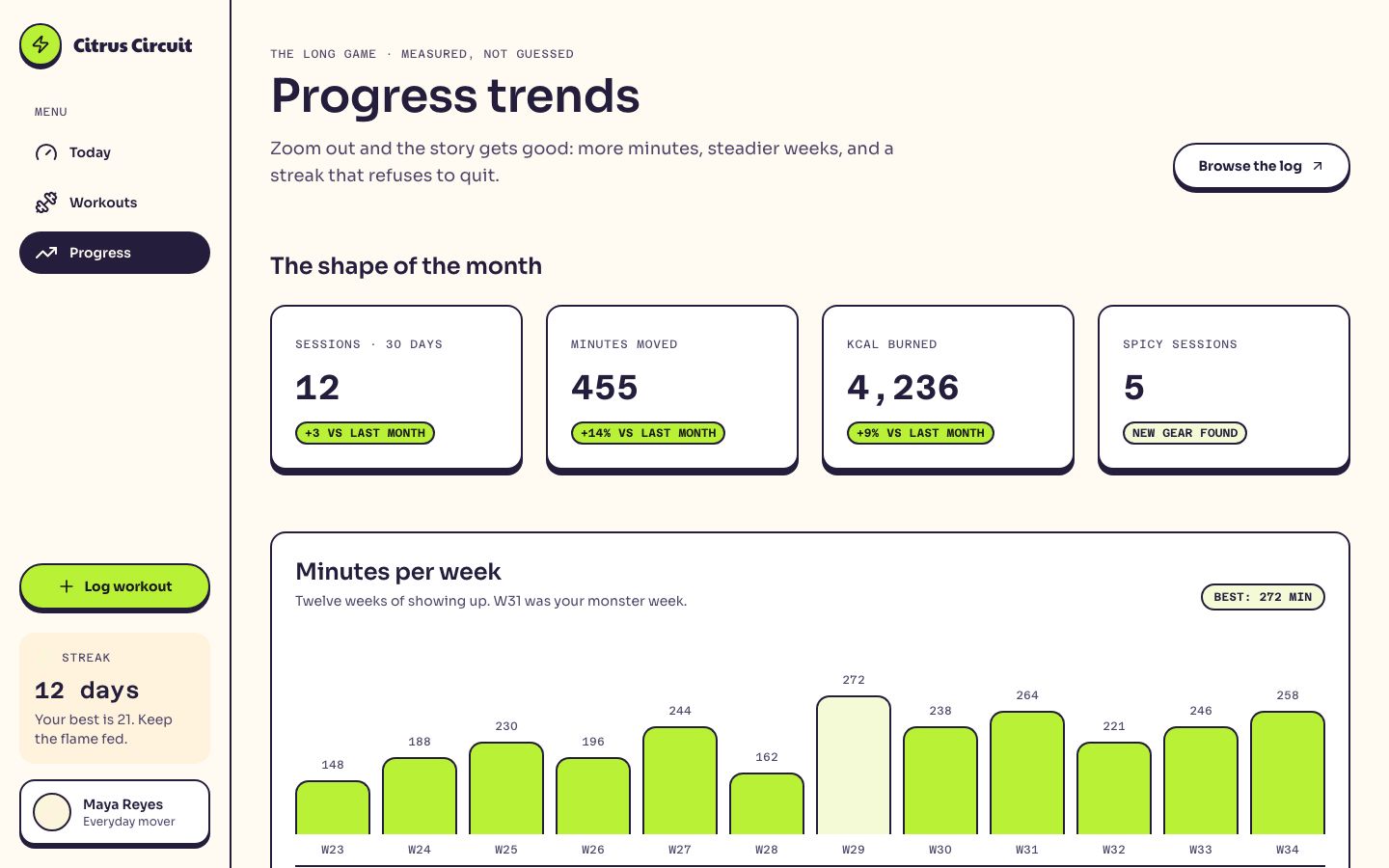 Fitness App Dashboard Template — progress page screenshot