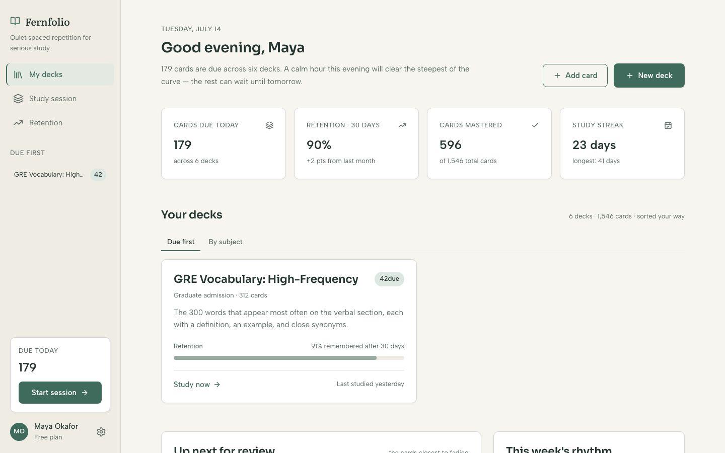 Flashcard App UI Template — home page screenshot