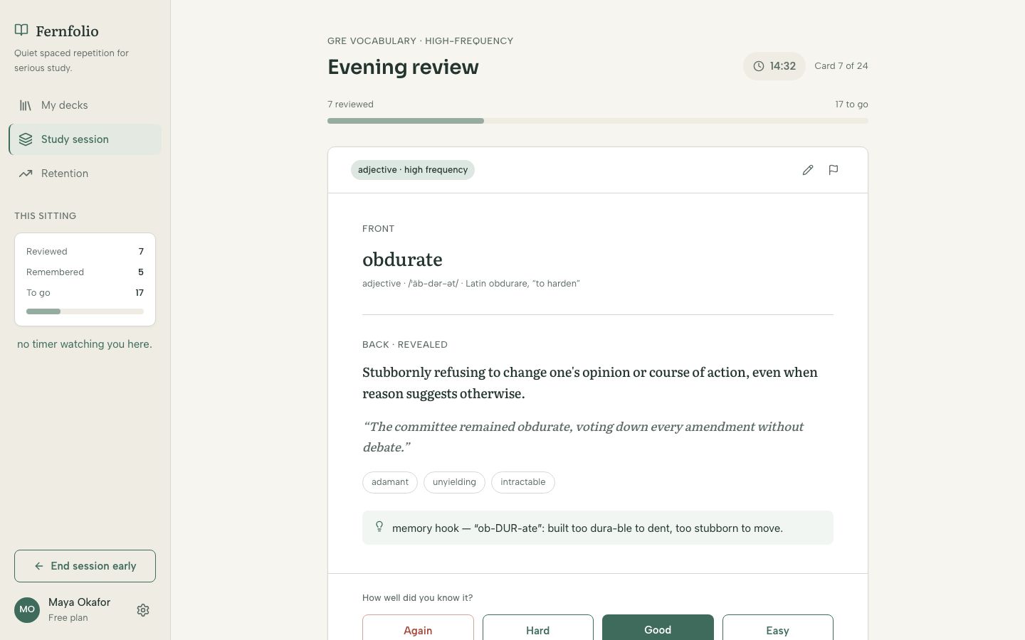 Flashcard App UI Template — study page screenshot