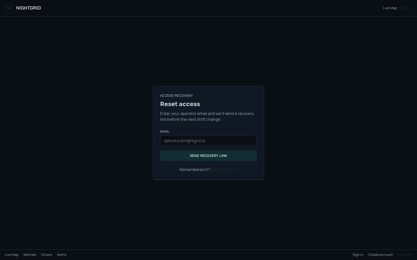 Fleet Tracking Dashboard Template — forgot password page screenshot