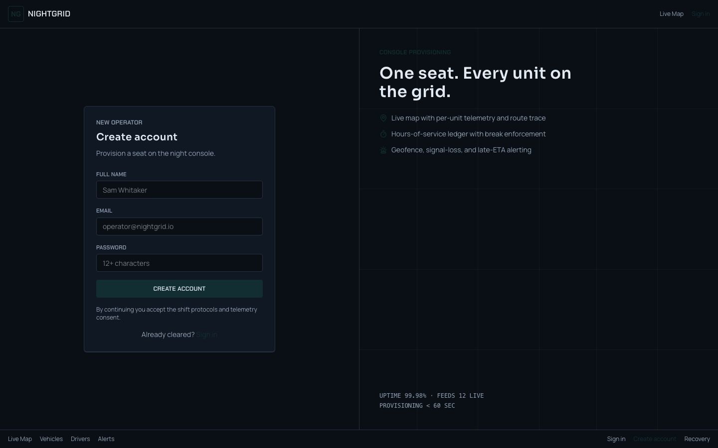 Fleet Tracking Dashboard Template — signup page screenshot