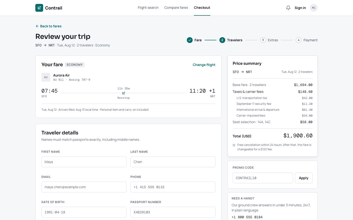 Flight Booking App Template — checkout page screenshot